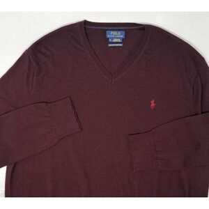 Polo Ralph Lauren Sweater Mens Size XL Maroon Long Sleeve Merino Wool V-Neck